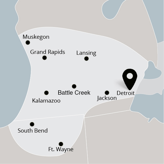 Map highlighting cities in Michigan, with a focus on Detroit.