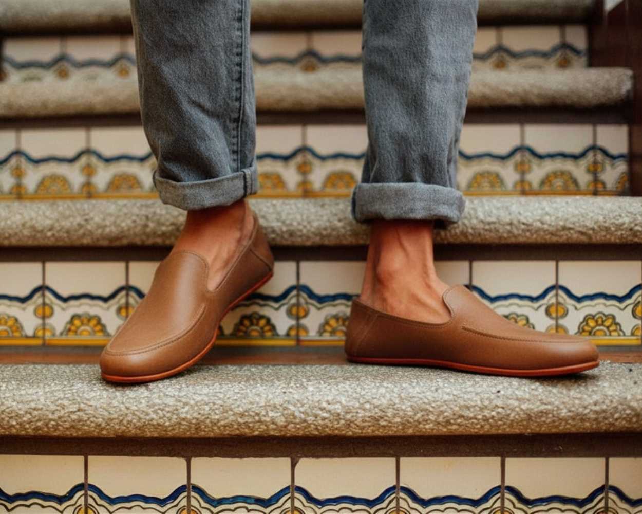 A man sitting on patterned tile stairs wearing comfortable tan leather wide width slip-on shoes from Adelante.