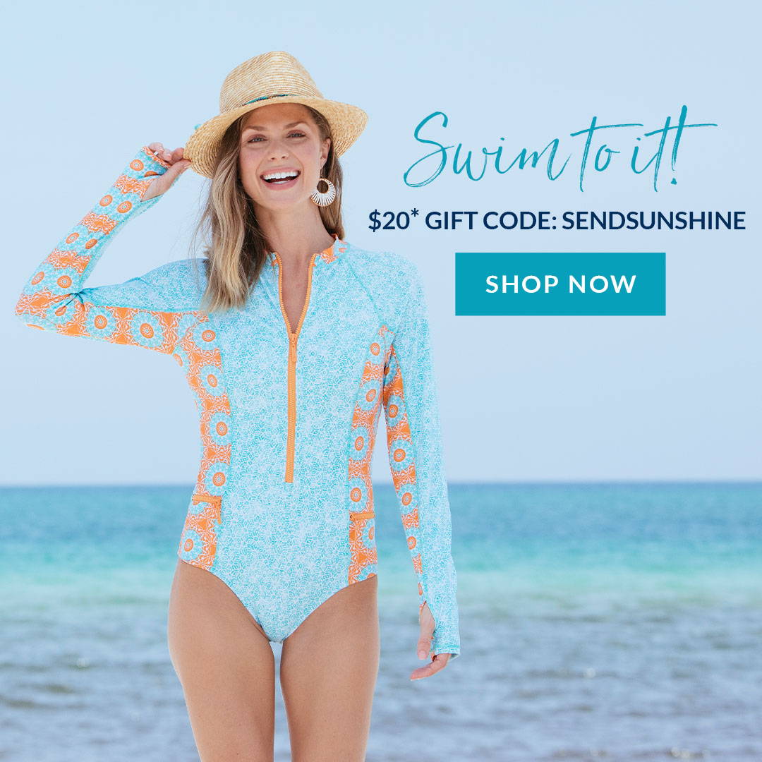 Woman wearing Aqua Citrus Unisuit. $20 Gift Code: SENDSUNSHINE. Shop dresses now.