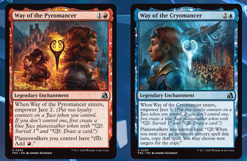 The 2 MTG Reality Fracture Cards Way of the Pyromancer and Way of the Cryomancer.