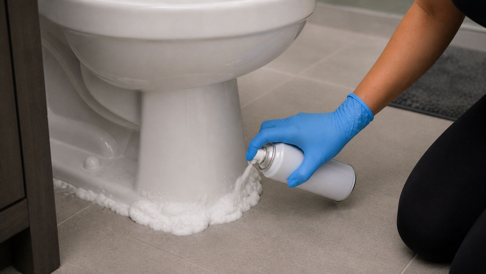 Person applying caulk around a toilet base while wearing blue gloves.