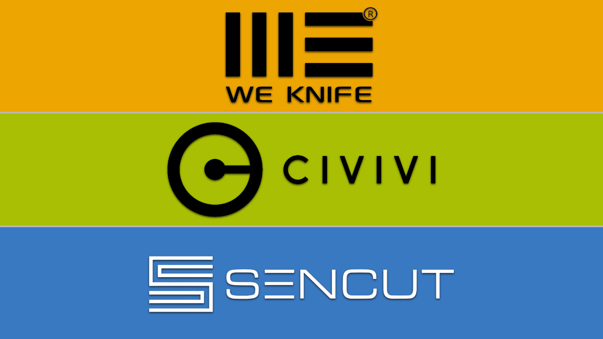 Logos of WE Knife, CIVIVI, and SENCUT on colored backgrounds.