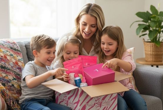 A woman and three children excitedly unboxing gifts together.