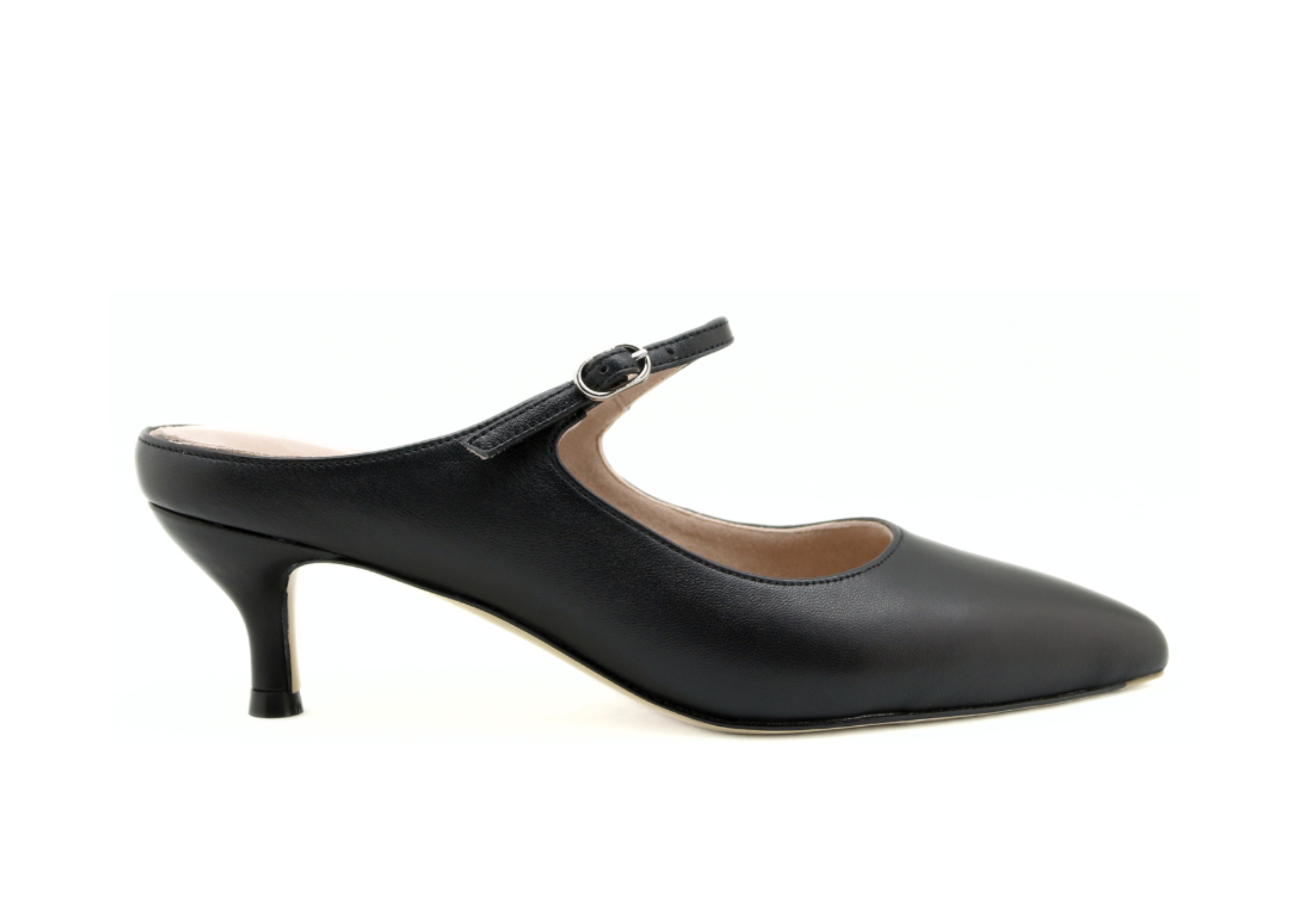 Black slingback high-heeled shoe with a pointed toe and strap.