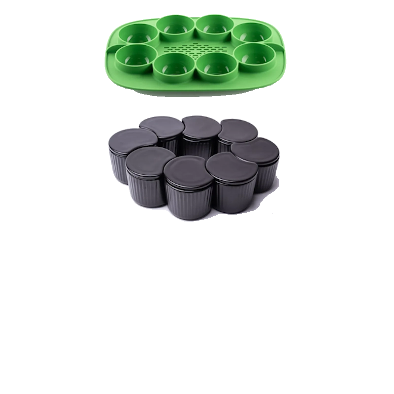Two sets of containers; one green, one black, arranged differently.