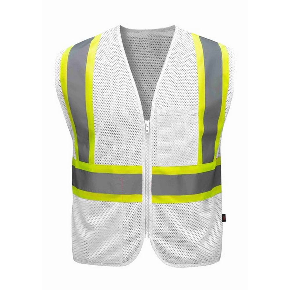White safety vest with yellow and gray reflective stripes.