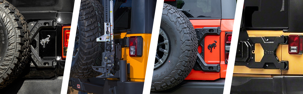 Photo collage of spare tire carriers for off-road vehicles.