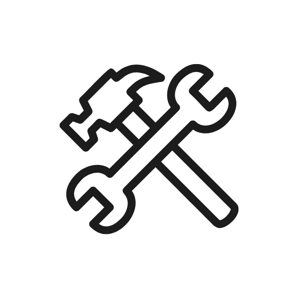 Hammer and wrench crossed, representing tools and craftsmanship.