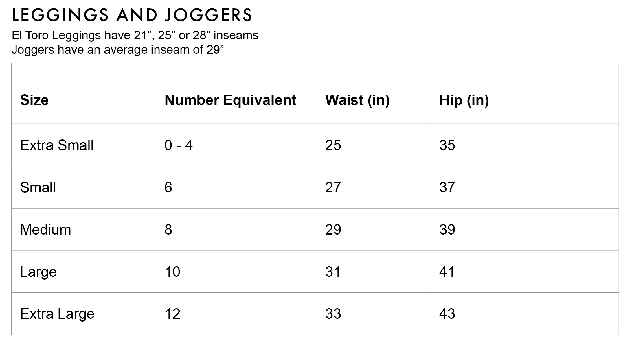 FLEO Leggings and Joggers Size Chart
