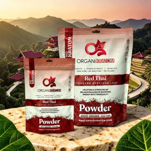 Packaging of Red Thai powder by Organics in a scenic background.