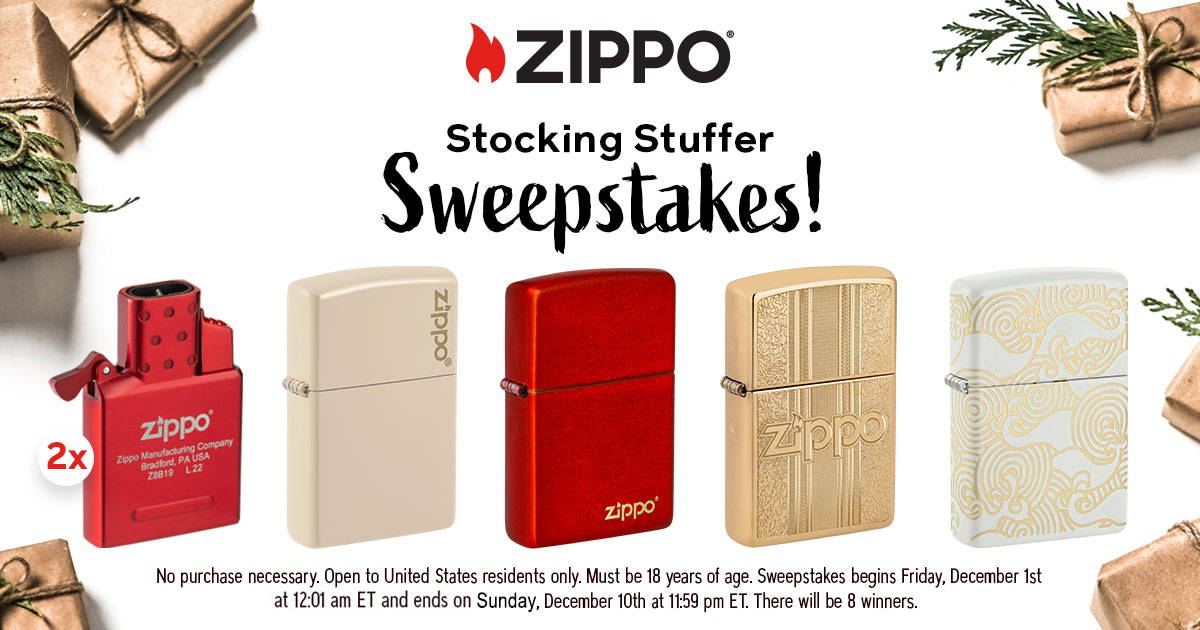 Zippo's Stocking Stuffer Sweepstakes with prizes on display.