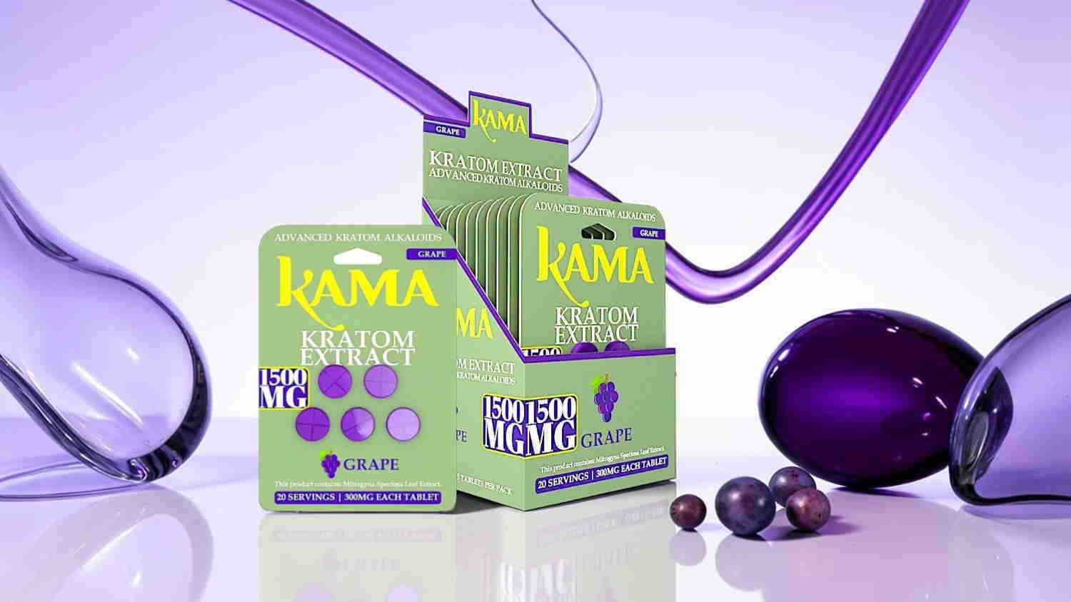 Packaging of Kama products with purple accents and decorative elements.