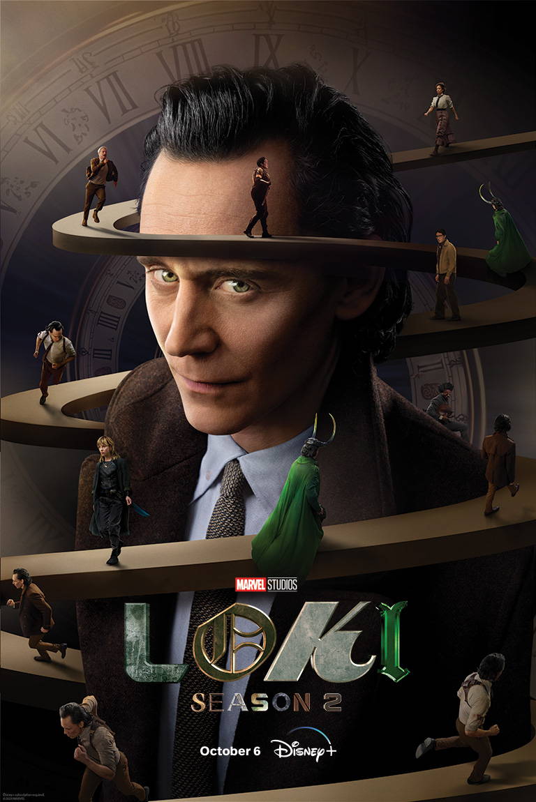 Loki leaning towards the screen with a pathway full of running people on it wrapped about him. It says season 2 is on Disney+ on October 6th.