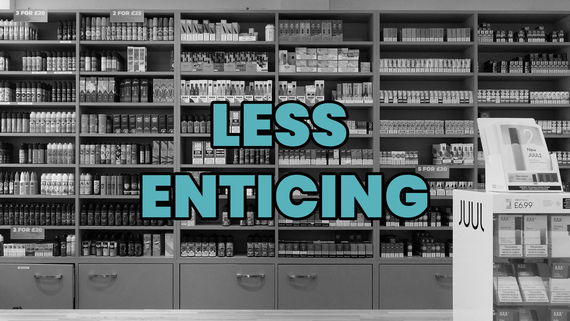 An image of vape products with the words 'less enticing' written over it.