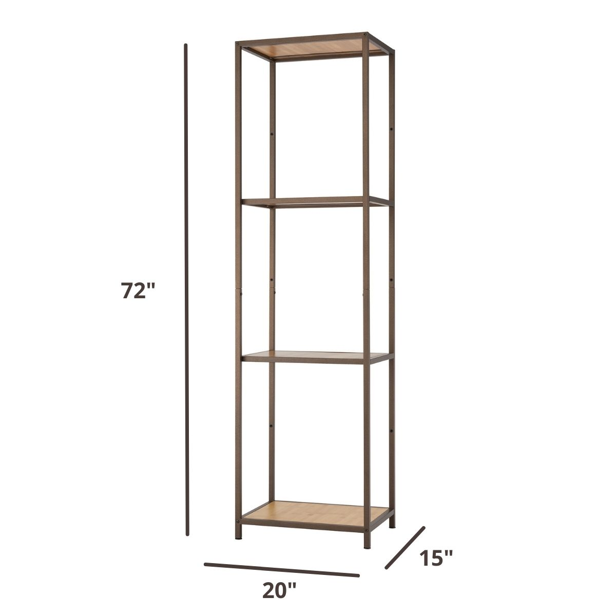 72 inches tall by 20 inches wide by 15 inches deep shelving tower in bronze color