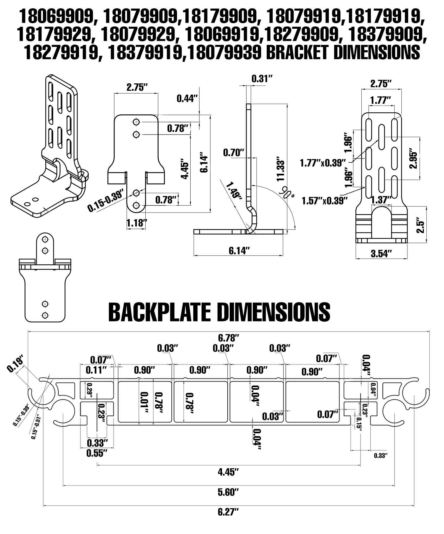 Bracket and backplate dimensions with measurements and part numbers.