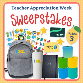 Teacher Appreciation Week Sweepstakes prize items including backpack, stickers, and notebooks.
