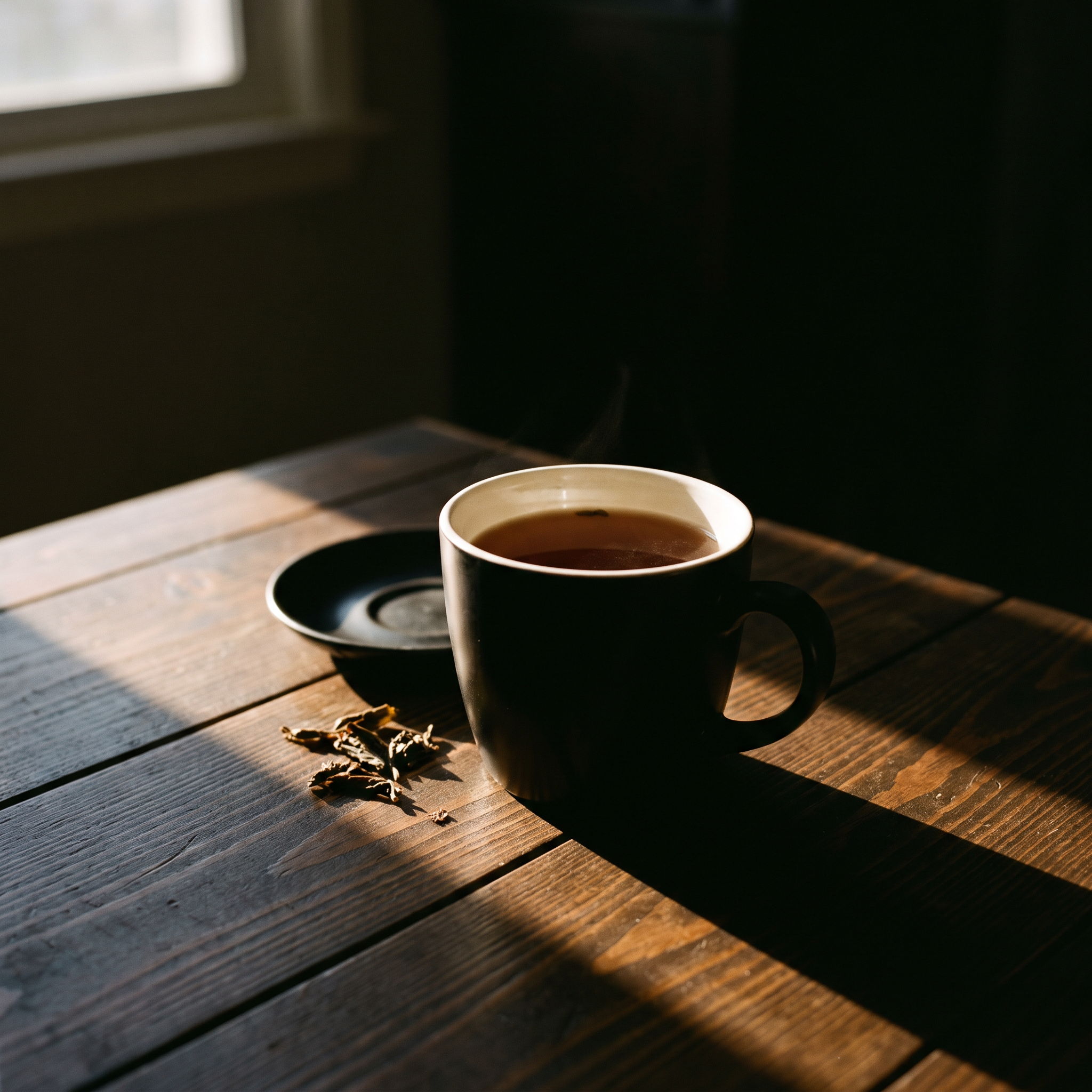 A cup of tea on a wooden table with sunlight.