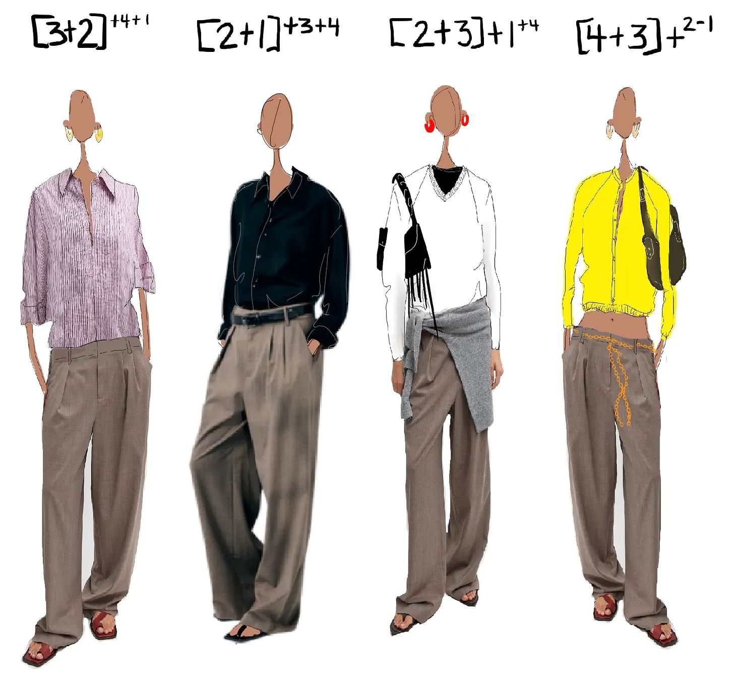 Stylized fashion illustrations featuring various outfits and accessories.