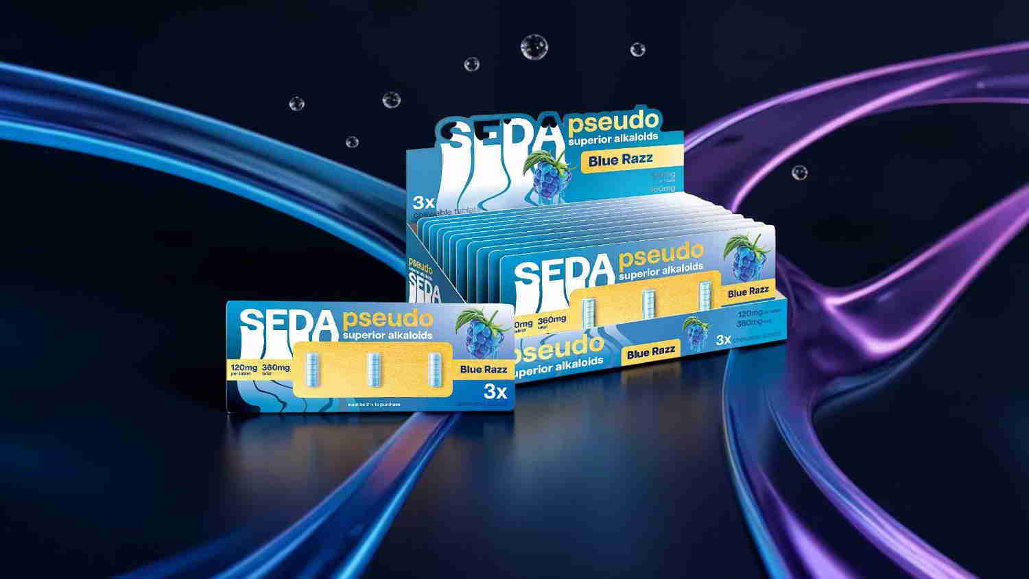 Packaging of SEDA products on a dark background with colorful lines.