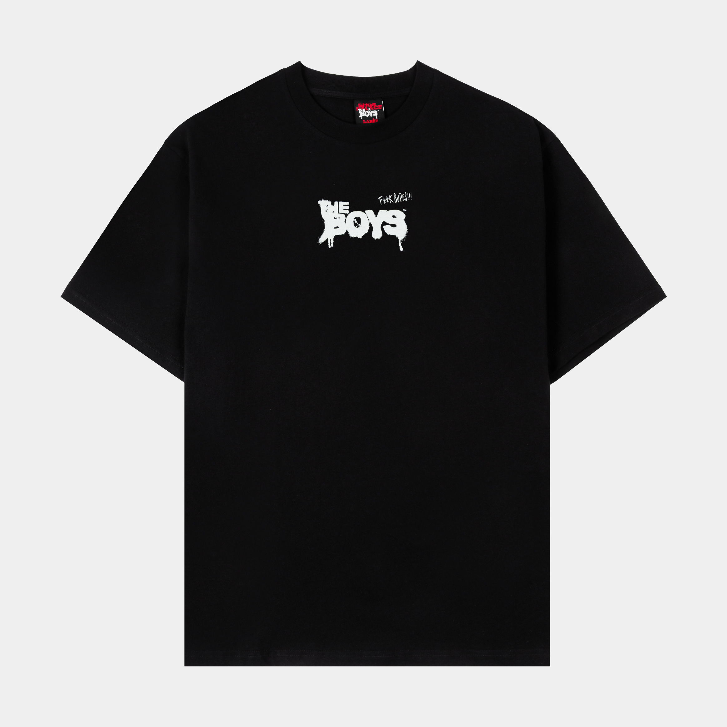 Black t-shirt with a white graphic logo on the front.