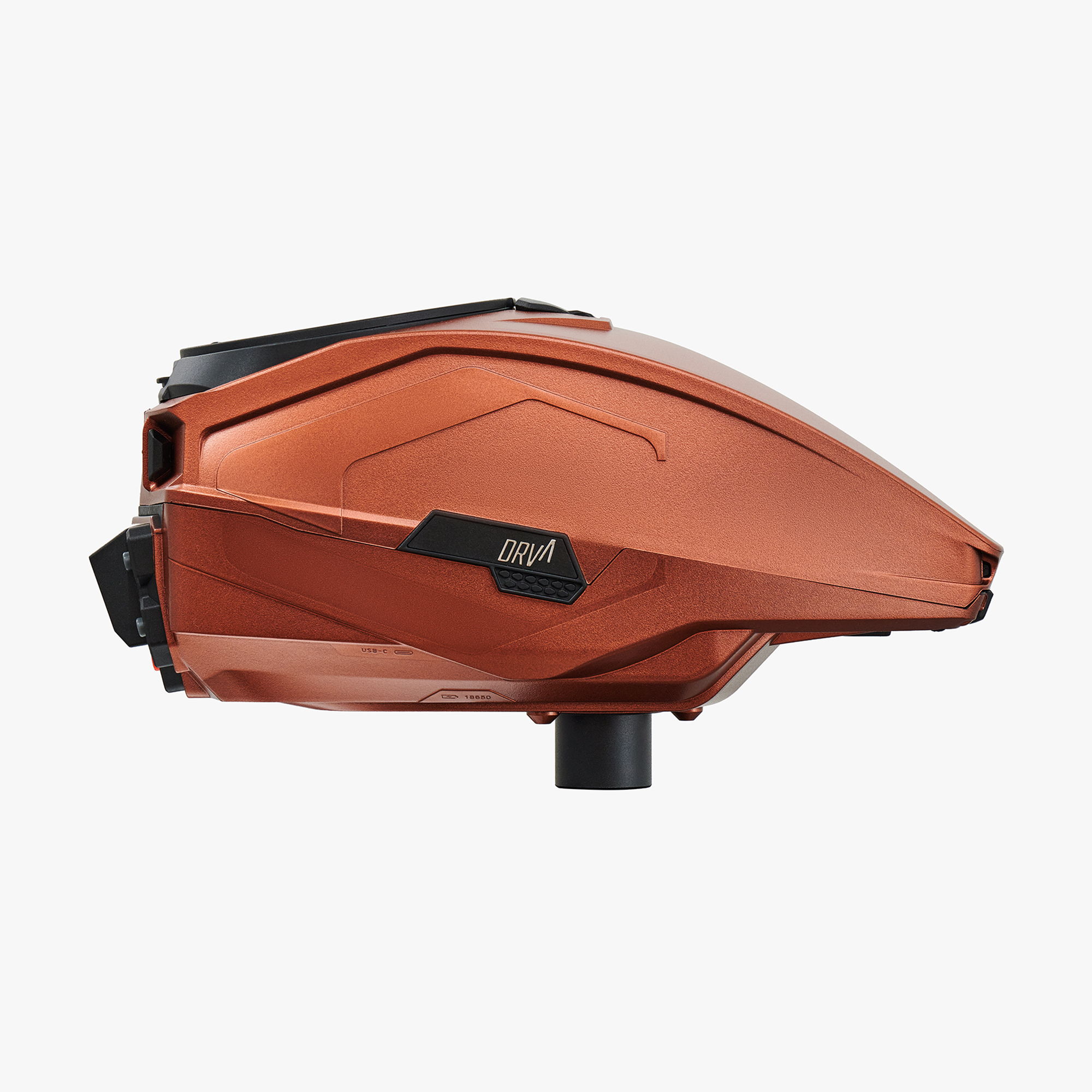 Bronze paintball hopper viewed from the side against a white background.
