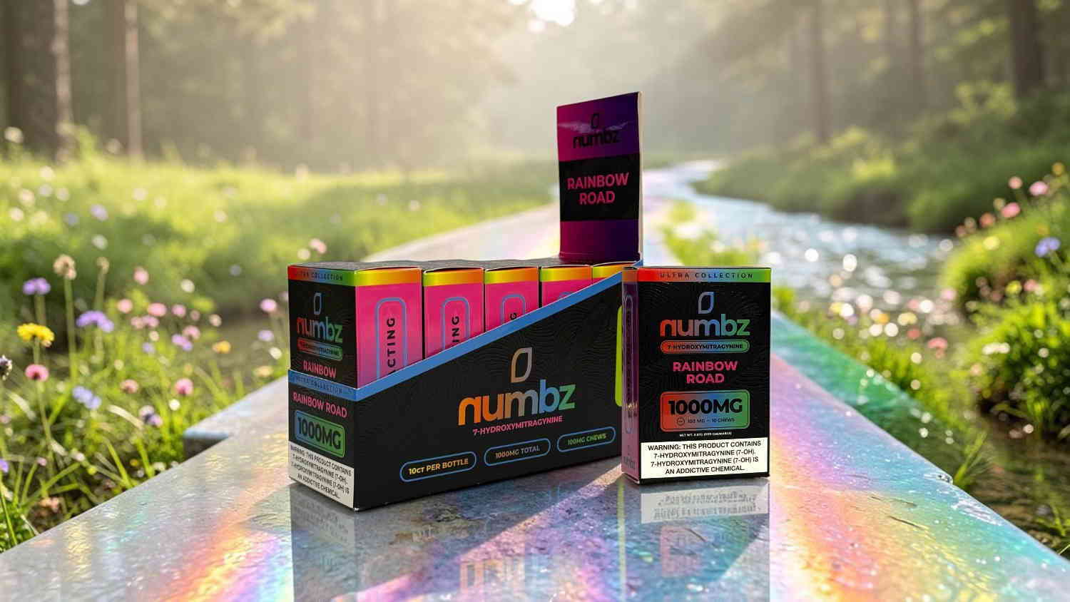 Colorful product packaging displayed in a serene forest setting.
