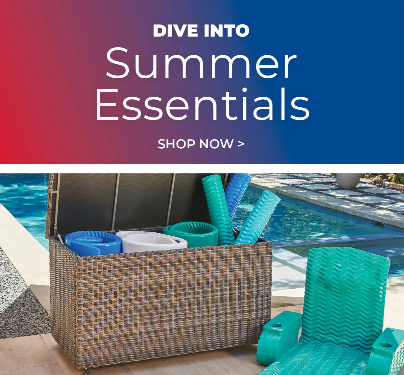 Two adirondack chairs by a pool with summer essentials advertisement.