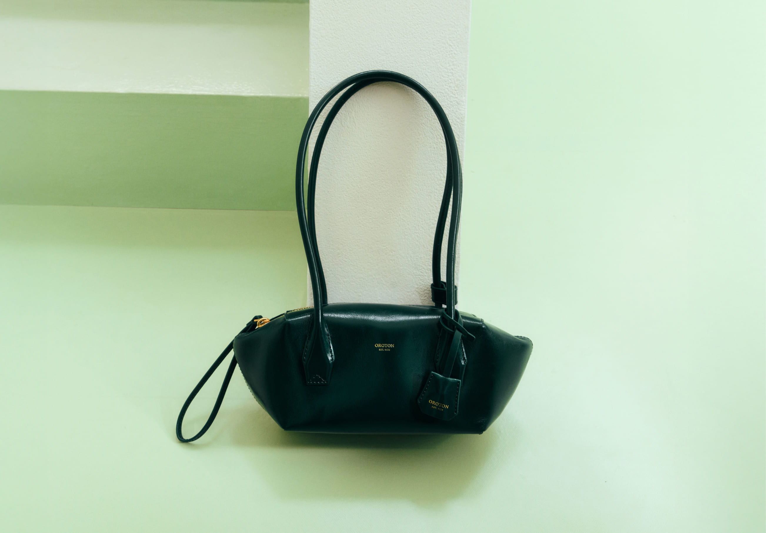 A black handbag hanging against a light green wall.