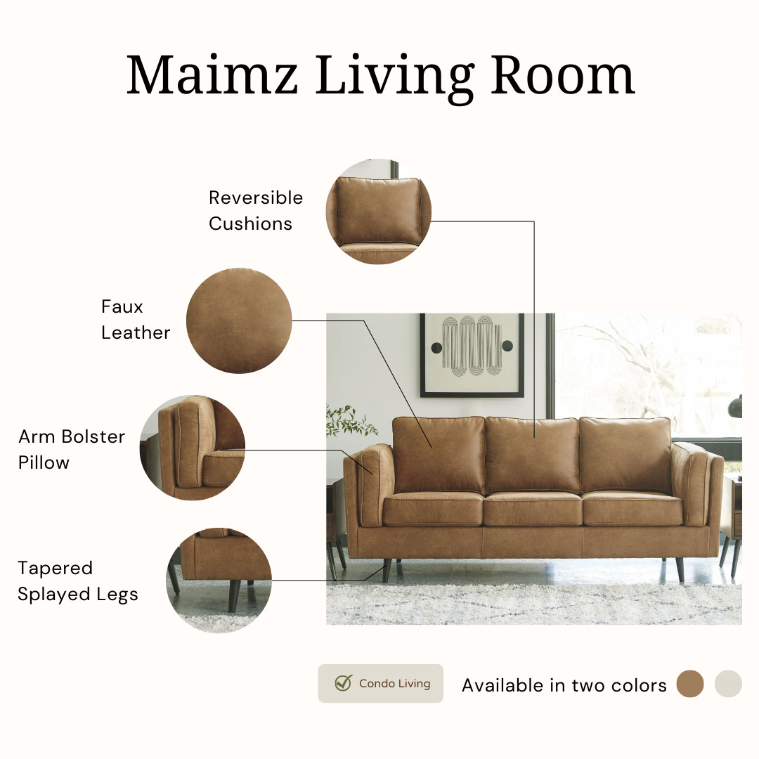 Maimz Living Room sofa features, including materials and design details.