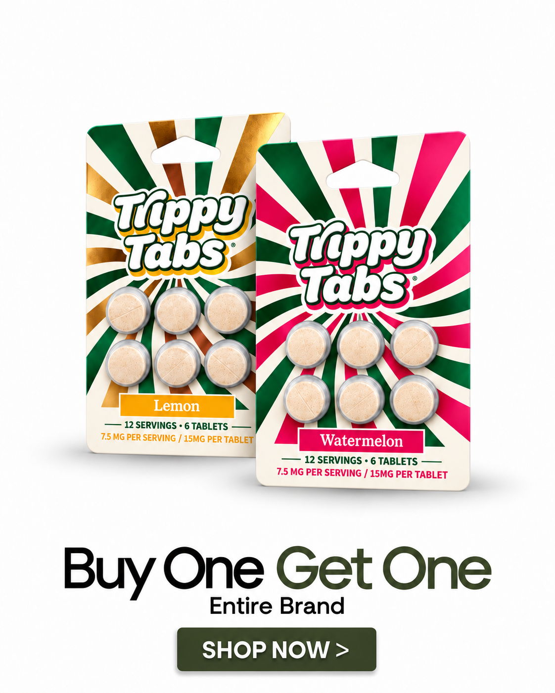 Two packs of Trippy Tabs in lemon and watermelon flavors with promotional text.