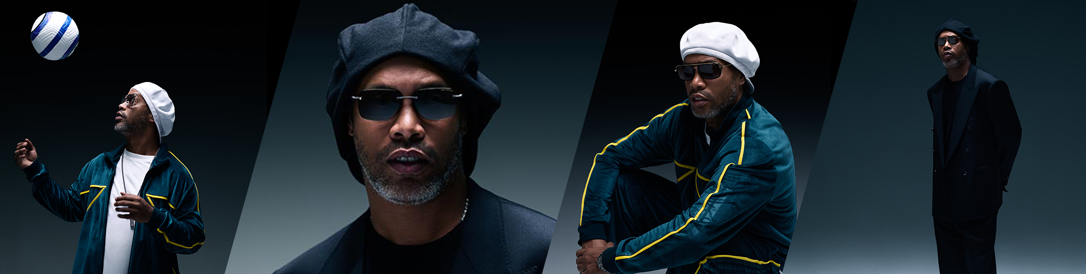 Four images of a man in various poses, wearing different outfits.