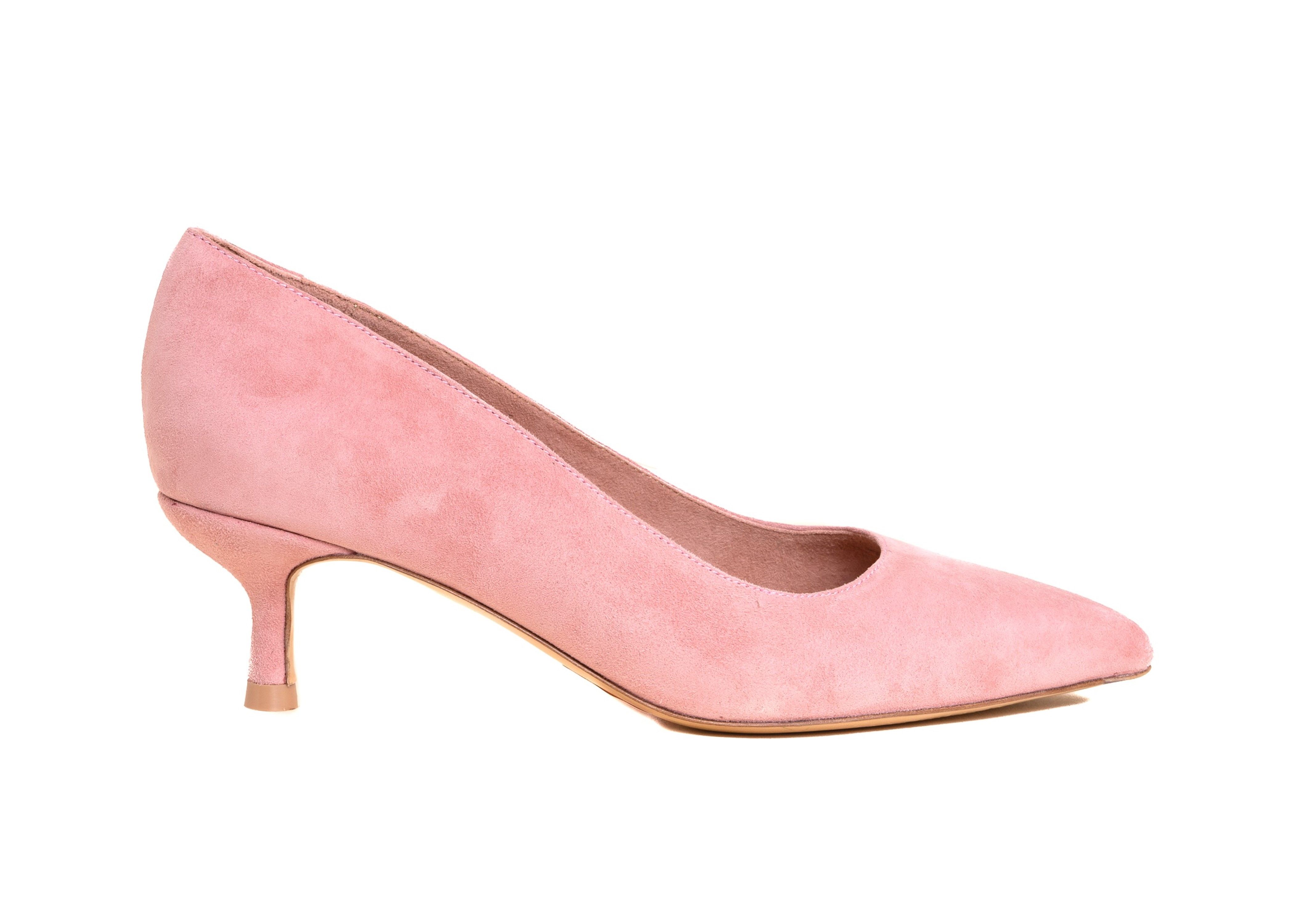 A pink suede high heel shoe with a slender heel.