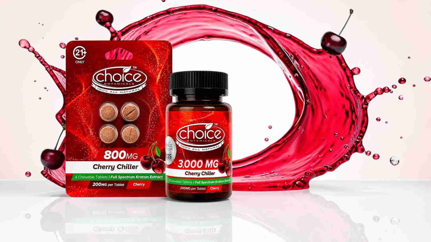 Cherry supplement bottles with a splash of red liquid background.