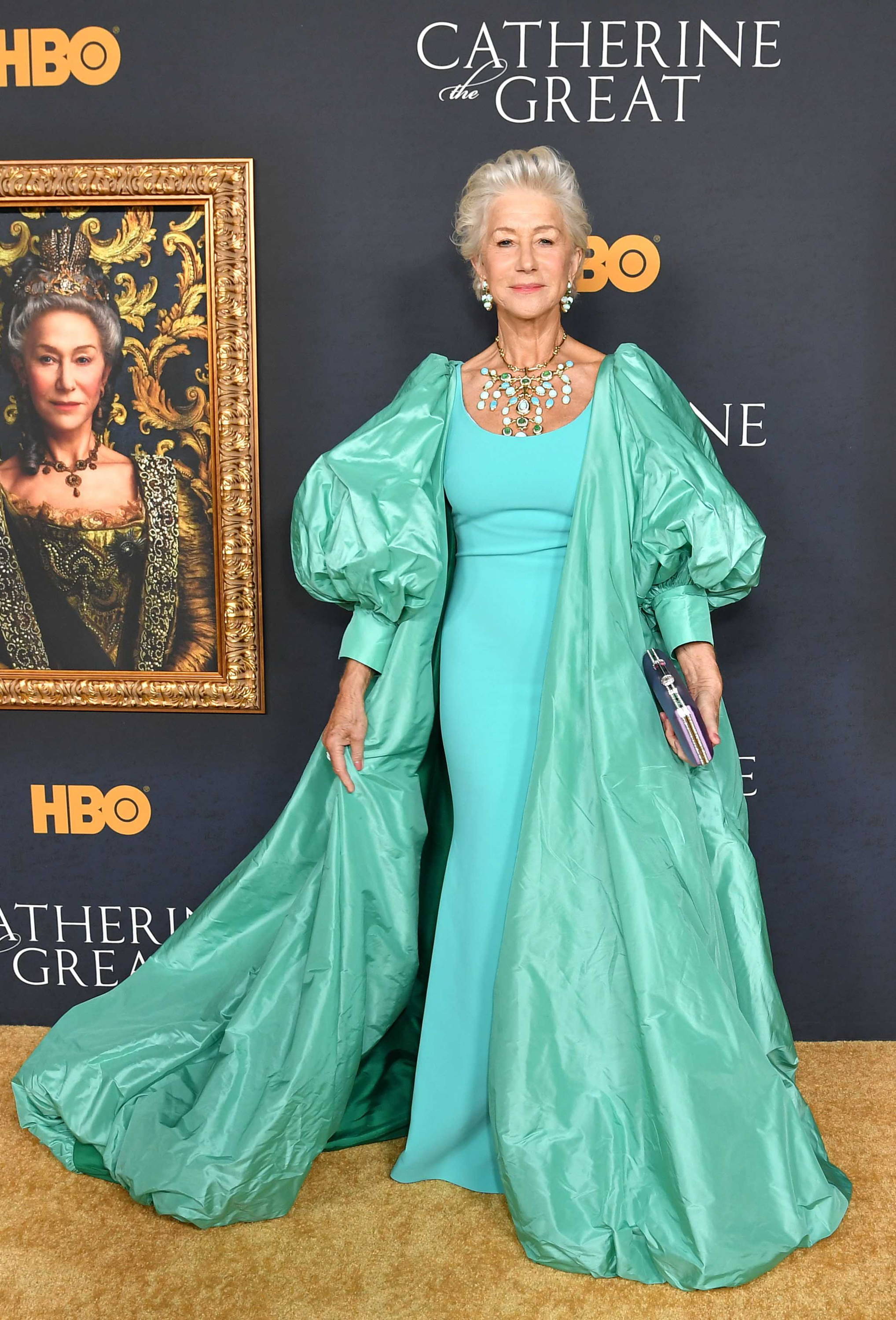 Dame Helen Mirren looked ravishing in custom Badgley Mischka Couture at the premiere of “Catherine the Great”