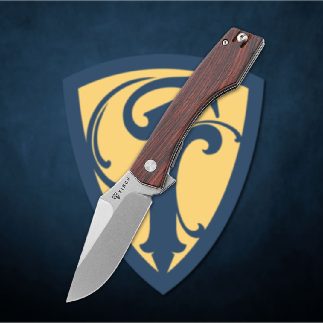 A folding knife with a wooden handle on a shield background.