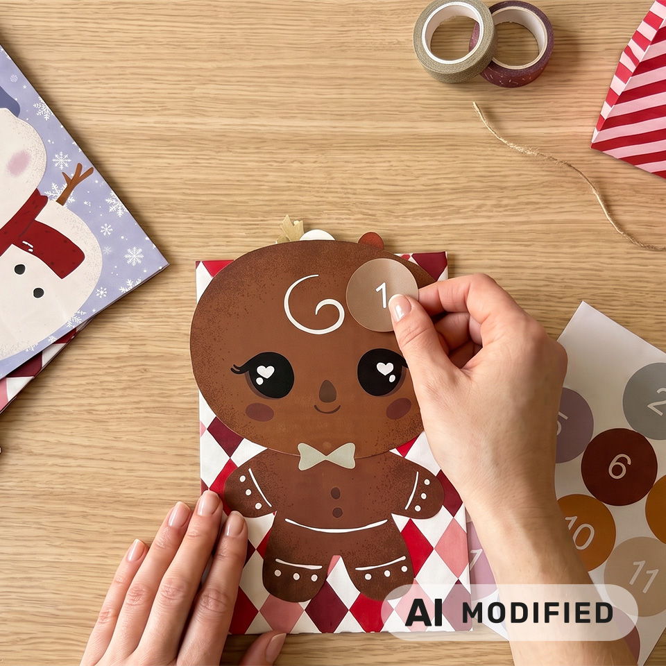 Personne décorant un personnage en pain d'épices avec des autocollants sur une table en bois.