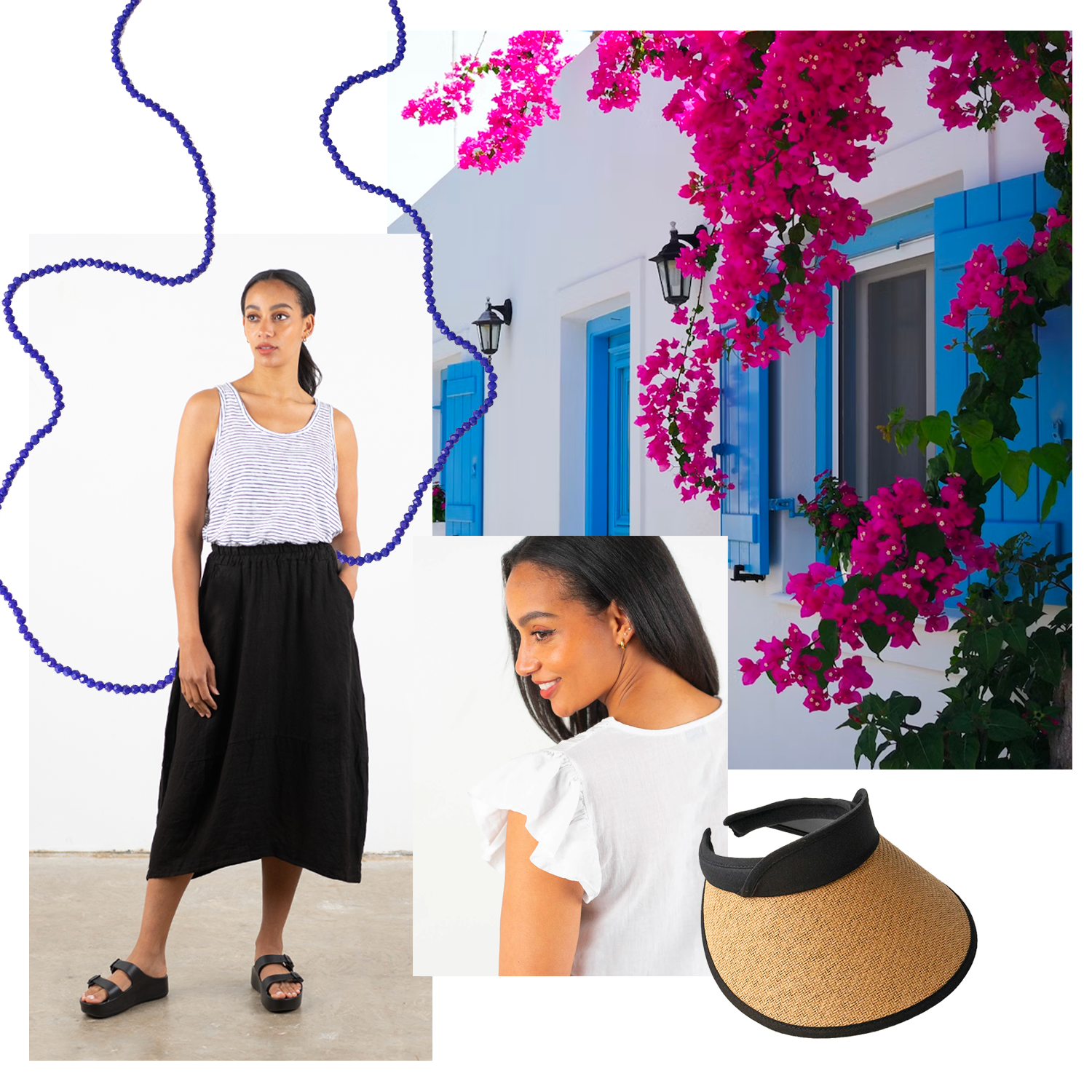 A collage of images featuring blue screens on a house in Sorrento, a blue beaded necklace, wicker bonnet sun hat, a model wearing a white top with frill shoulder detail and a model wearing a blue and white striped vest with a black linen tulip shaped midi skirt and black platform slides