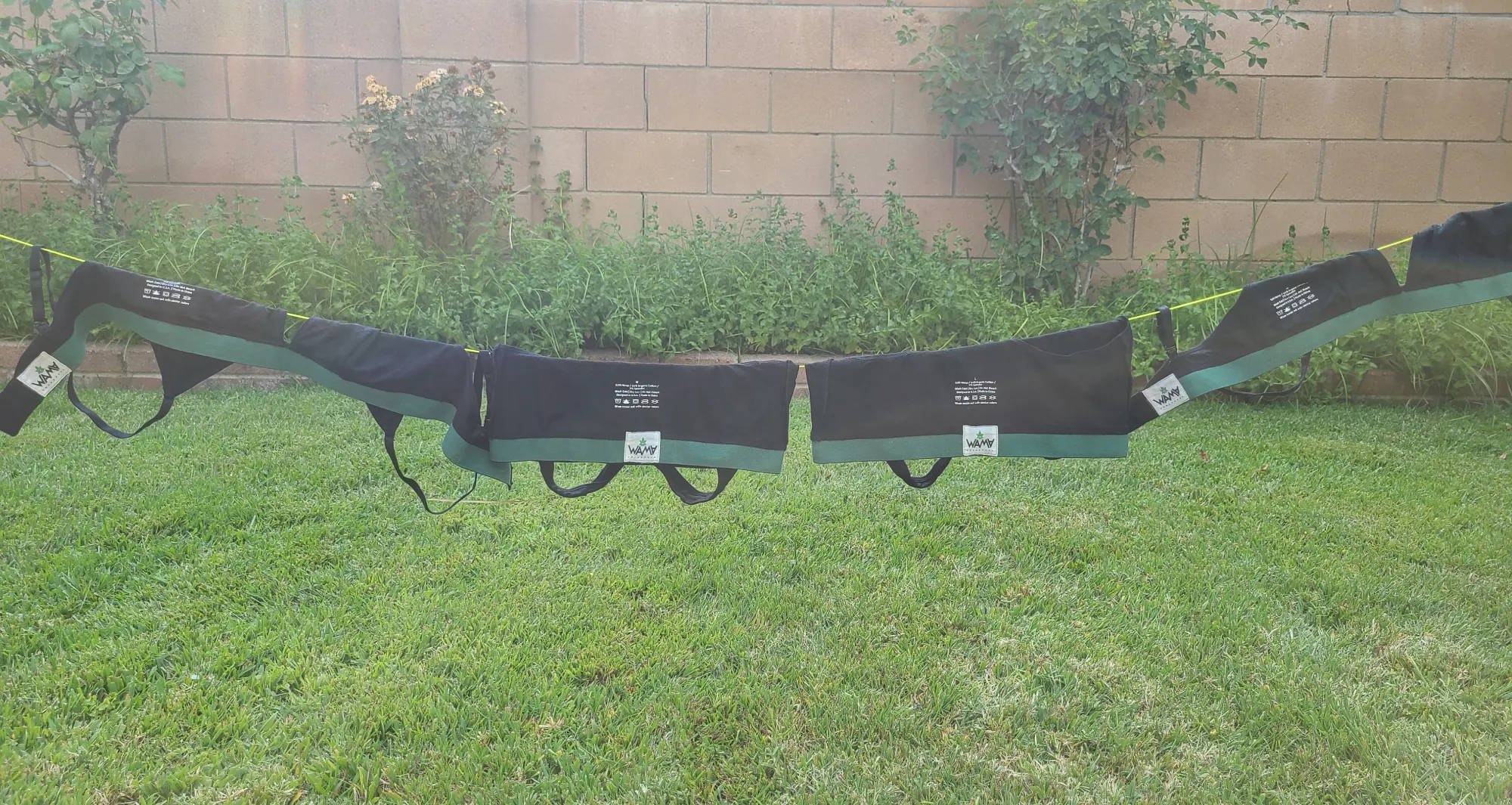 A line of black hemp bras hangs from a clothesline in a bricked-in garden, above green grass.