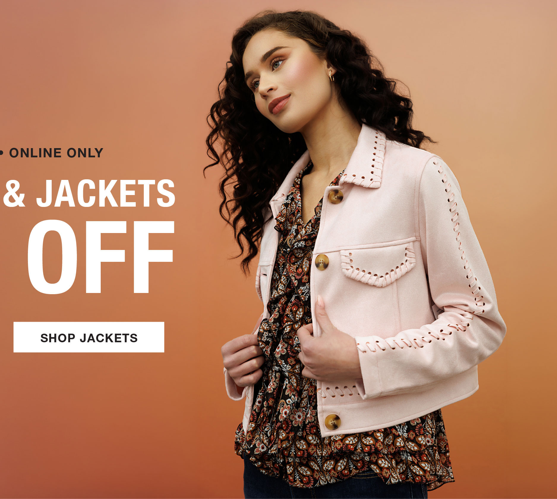 Woman wearing a pink jacket against an orange background, promoting jacket sale.
