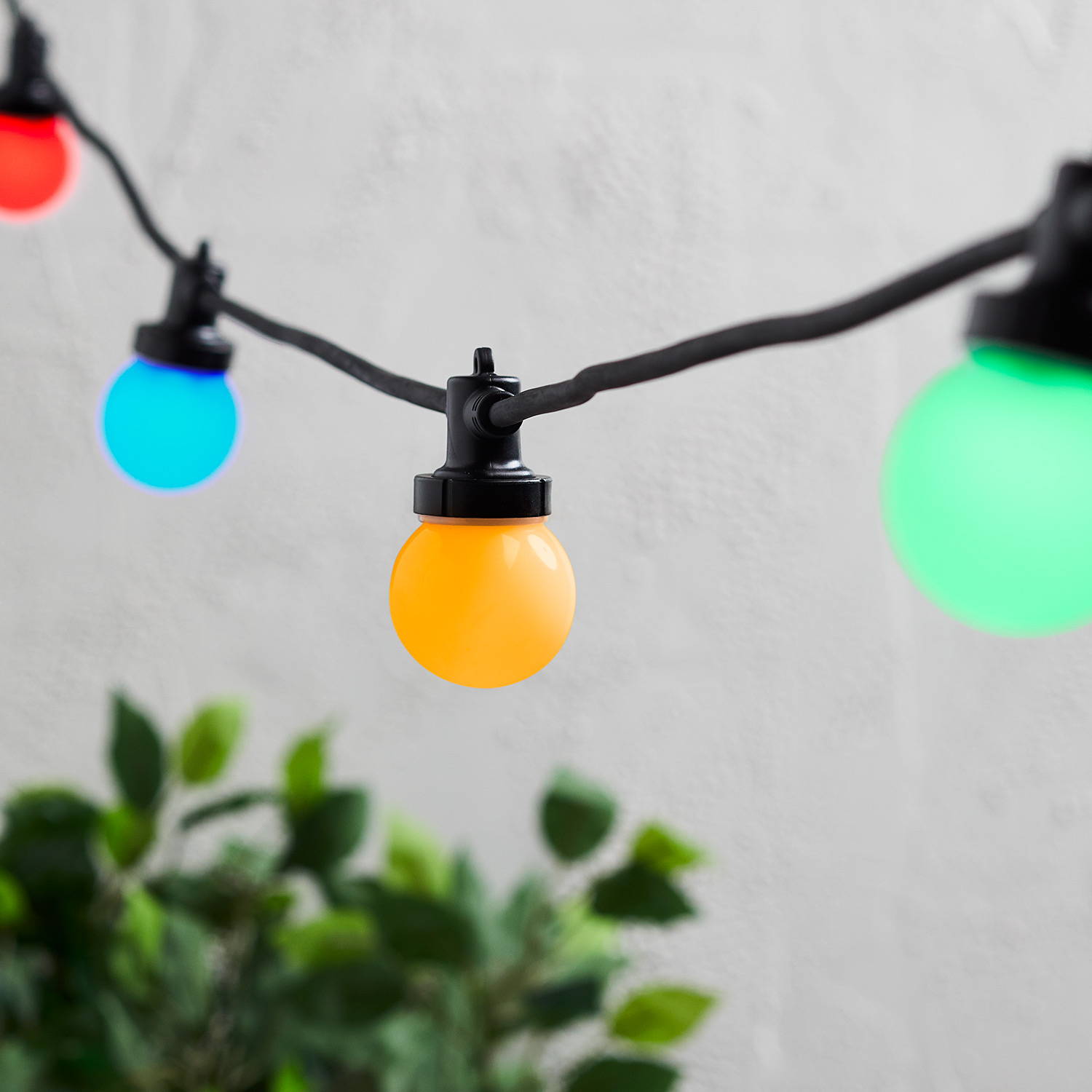 Multi-coloured festoon lights draped in an outdoor setting