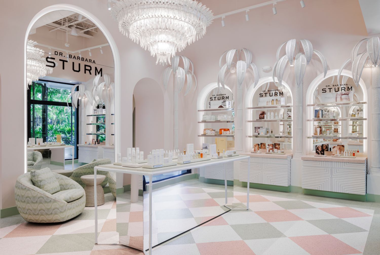 A modern, stylish interior of a cosmetics store with elegant displays.