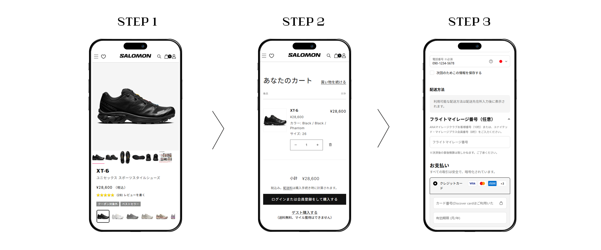 Three steps for purchasing shoes on a mobile app.
