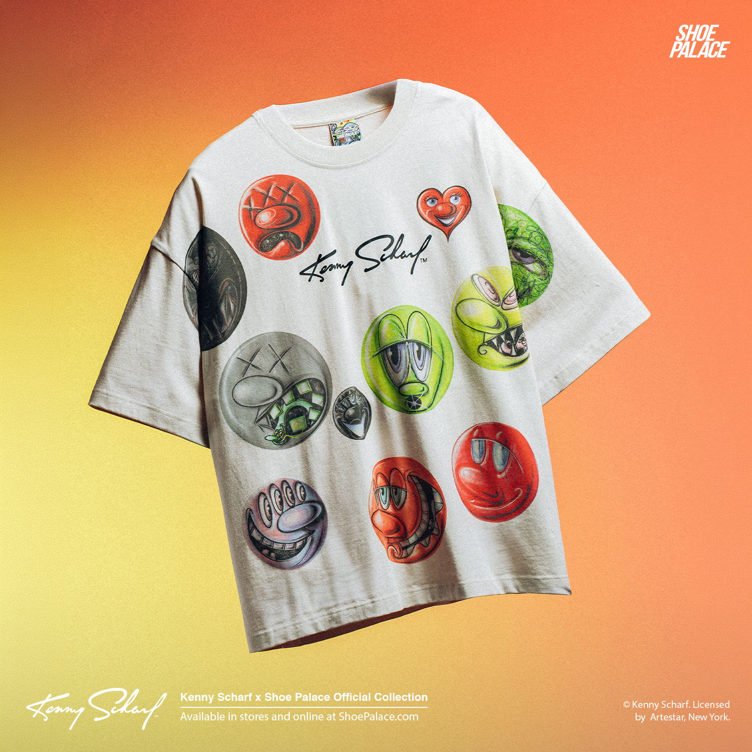 White t-shirt with colorful graphic designs and 