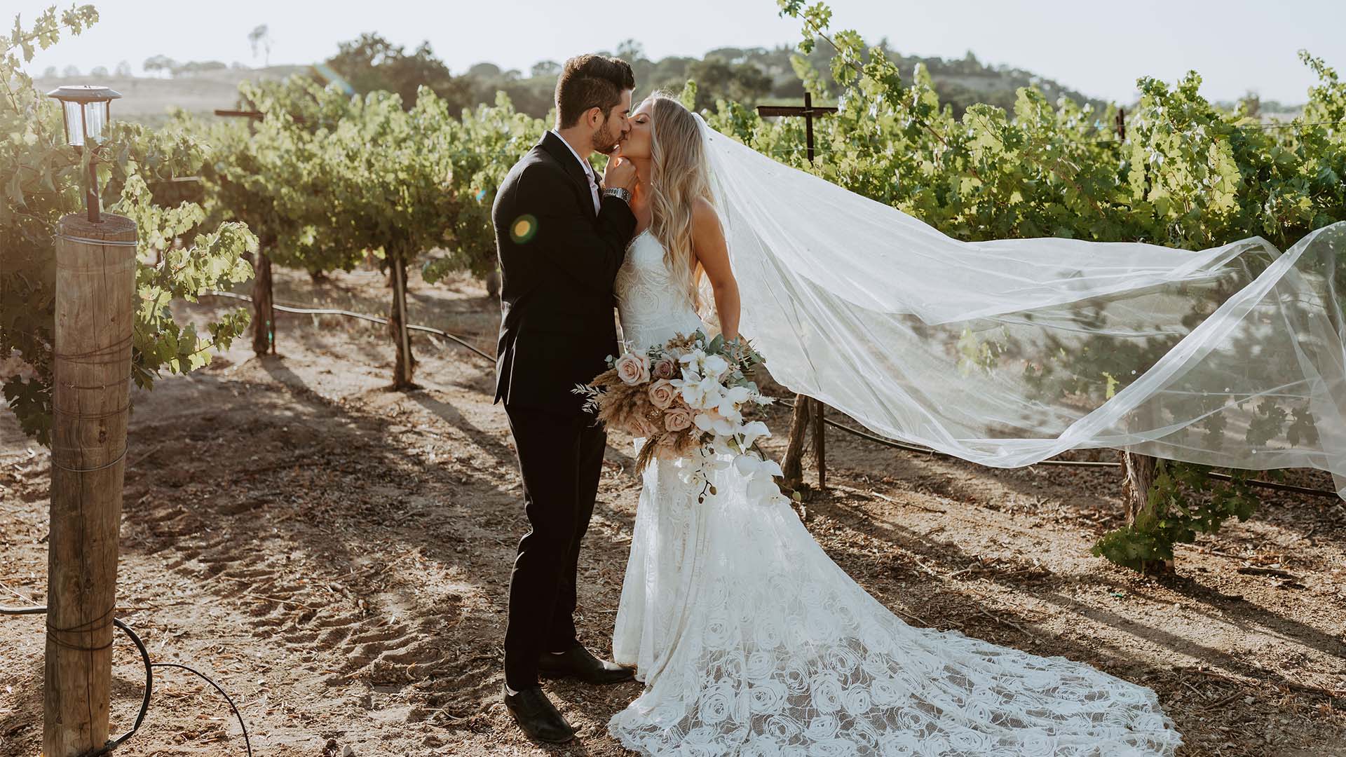 Grace Loves Lace bride wearing the Stardust veil in vineyard