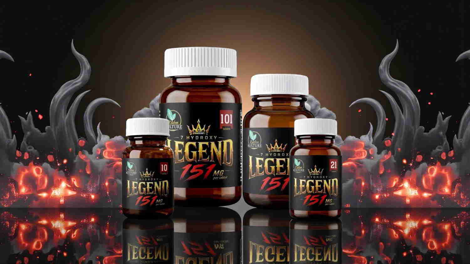 Four bottles of dietary supplements against a dark, fiery background.