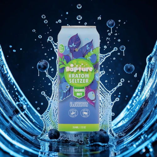 A can of blueberry flavored kratom seltzer with splashes of water.