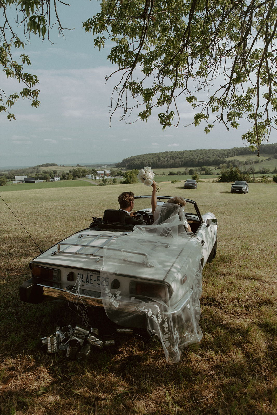 Person sitting in a car, holding a drink, surrounded by nature.