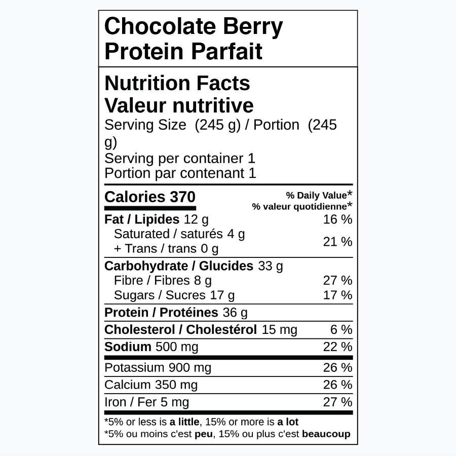 Nutrition facts label for Chocolate Berry Protein Parfait.