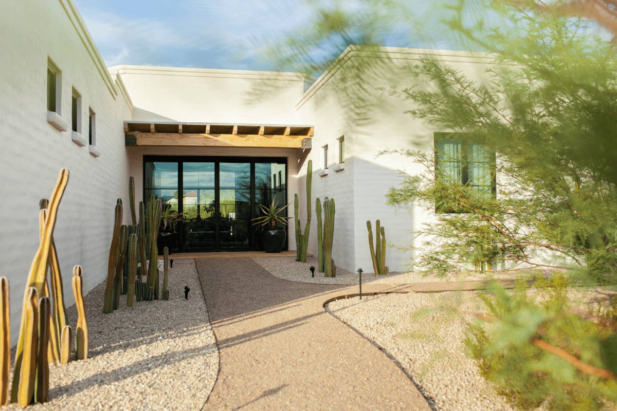 A gravel walkway lined with cacti leads to a modern frontdoor.